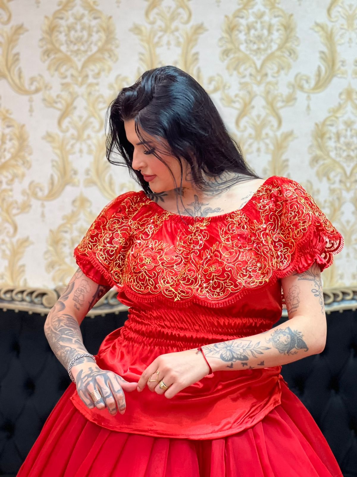 Blusa Babado Bordado Verm/Dou