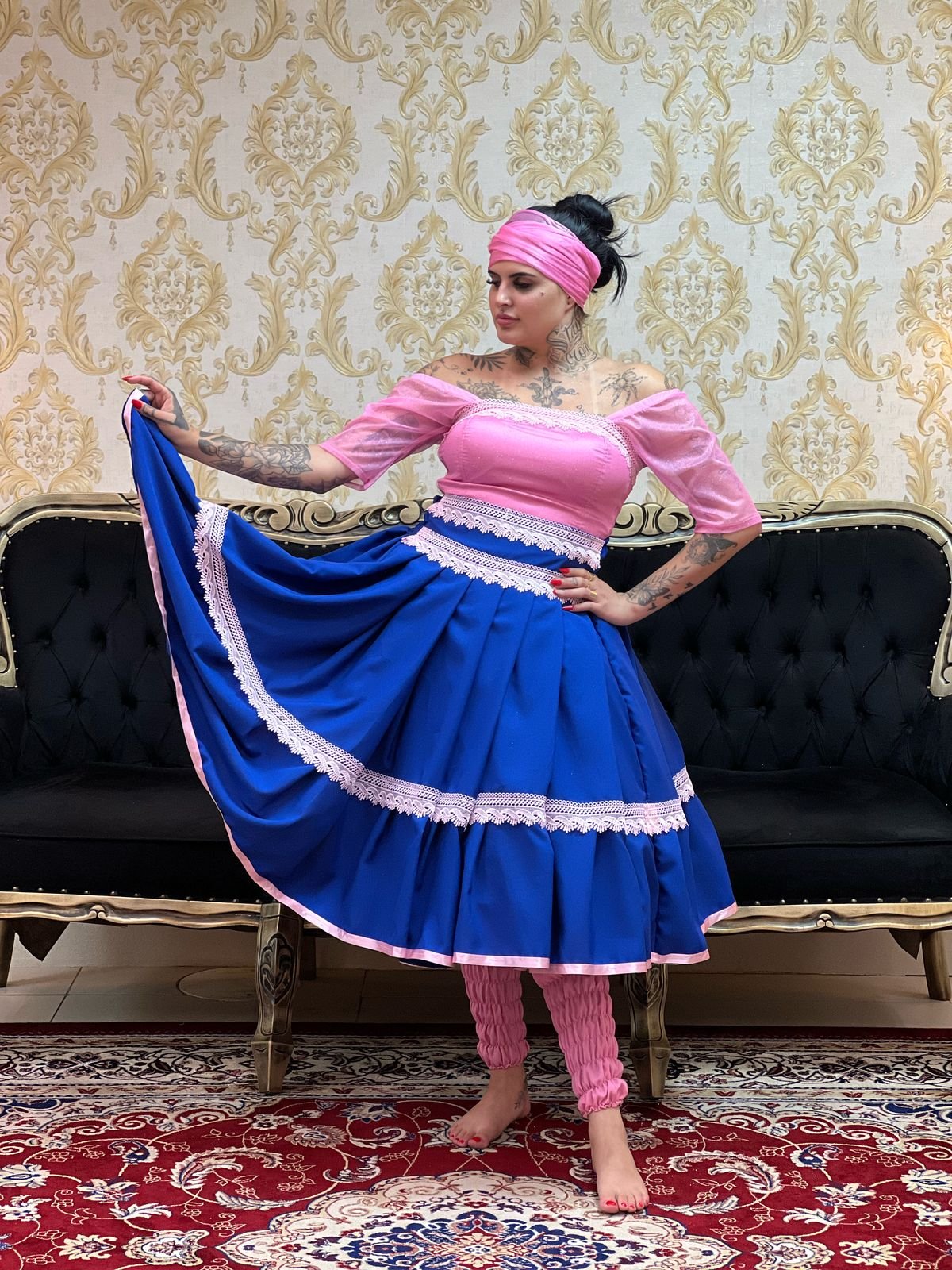 Saia 1 Babado Curta Azulão/Rosa