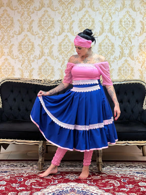 Saia 1 Babado Curta Azulão/Rosa